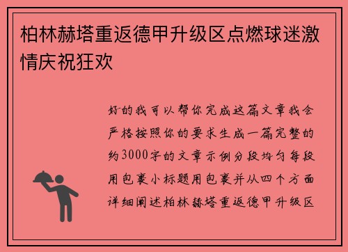 柏林赫塔重返德甲升级区点燃球迷激情庆祝狂欢
